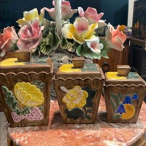 Rustic Floral Ceramic Canister Set of 1967. More than half century old